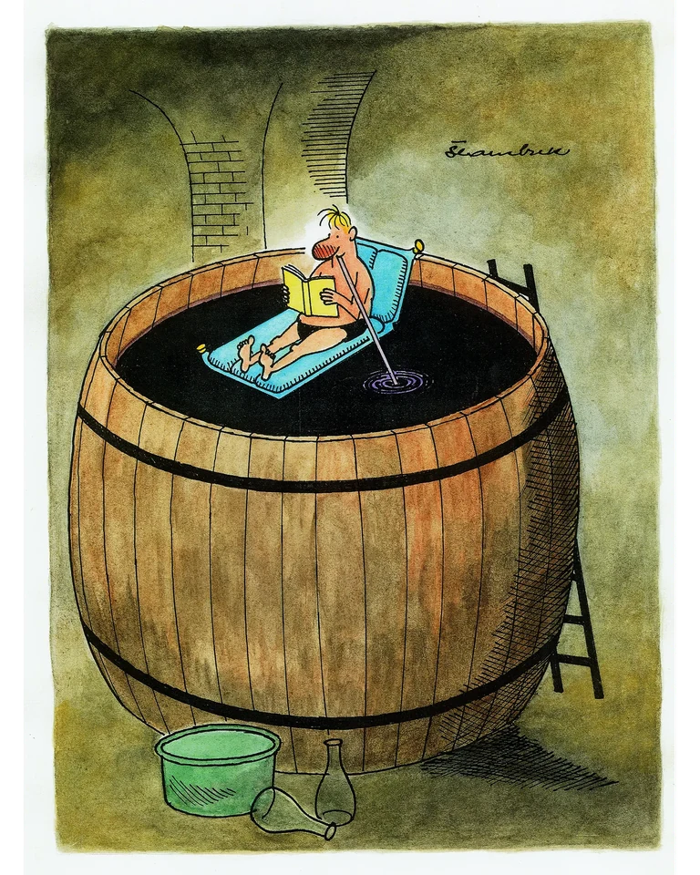 Originalna karikatura Bačva kupanje — Davor Štambuk