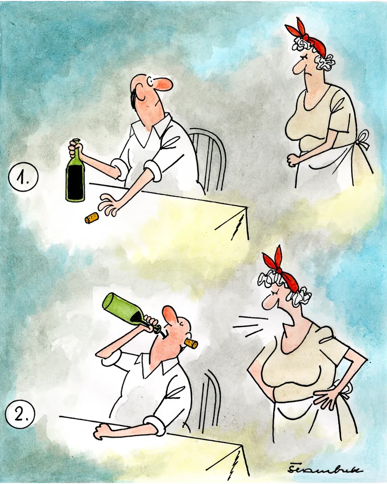 Karikatura Davora Štambuka u dva prizora: vino i posluživanje u restoranu
