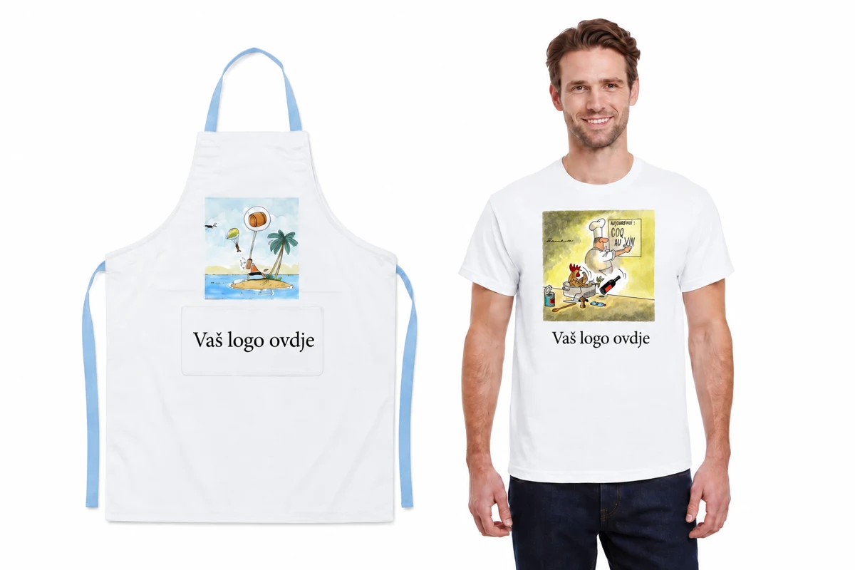 Primjer pregače i majice s originalnim karikaturama i mjestom za logo partnera
