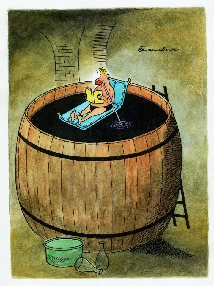 Bačva kupanje — karikatura Davora Štambuka