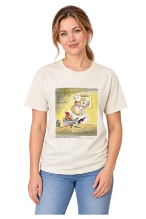 Natur majica Coq au Vin s karikaturom Davora Štambuka na ženskom modelu